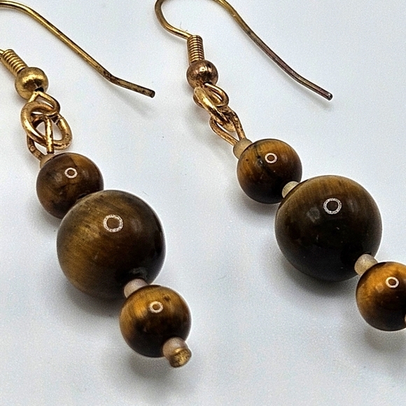 VINTAGE Tiger's Eye Three Bead Drop Dangle French Hook Earrings - Picture 2 of 5